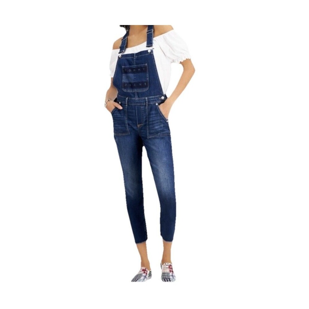 Tommy Hilfiger NWT Size 24 Denim Overalls Skinny Crop Raw Hem Logo Blue Women's